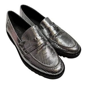 Franco Sarto Silver Metallic Snake-Embossed Penny Loafers $99